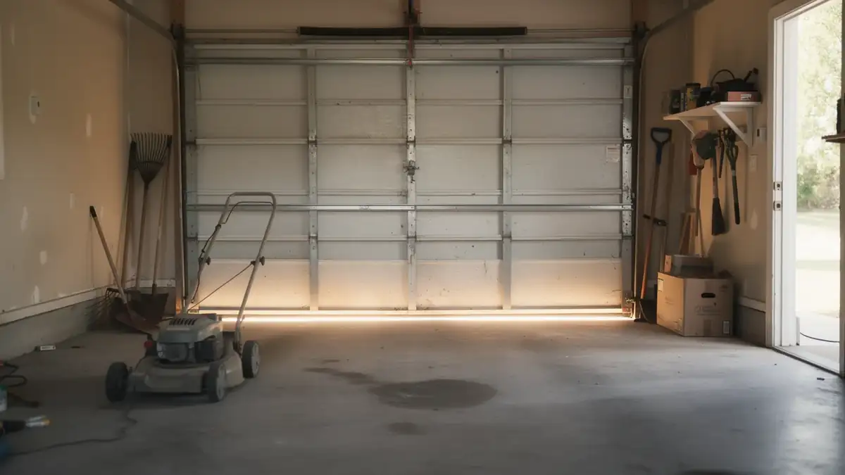 The garage door is closed with a lawnmower and tools inside.