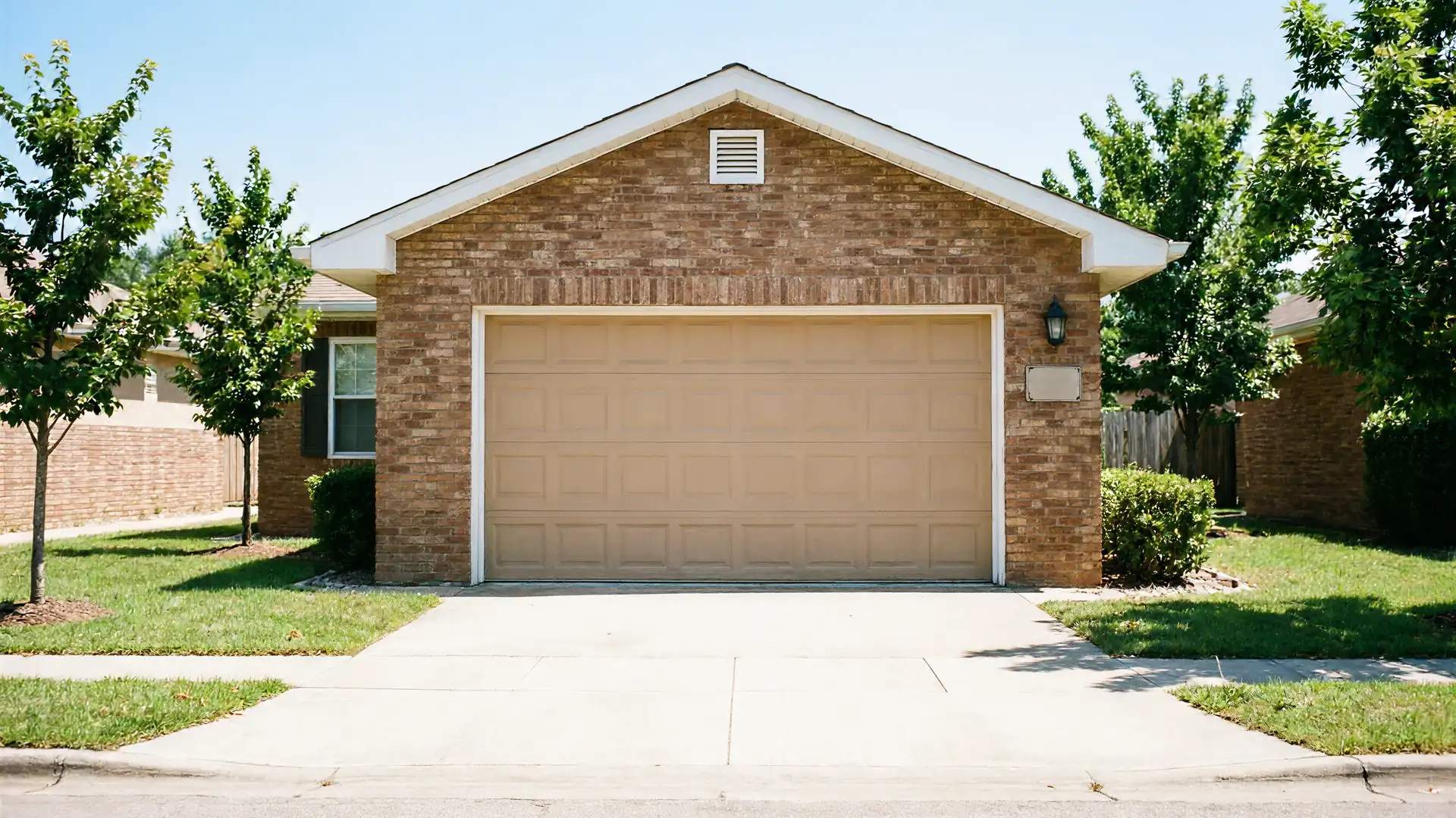 The house has a brown garage door, brick facade, and a concrete driveway.