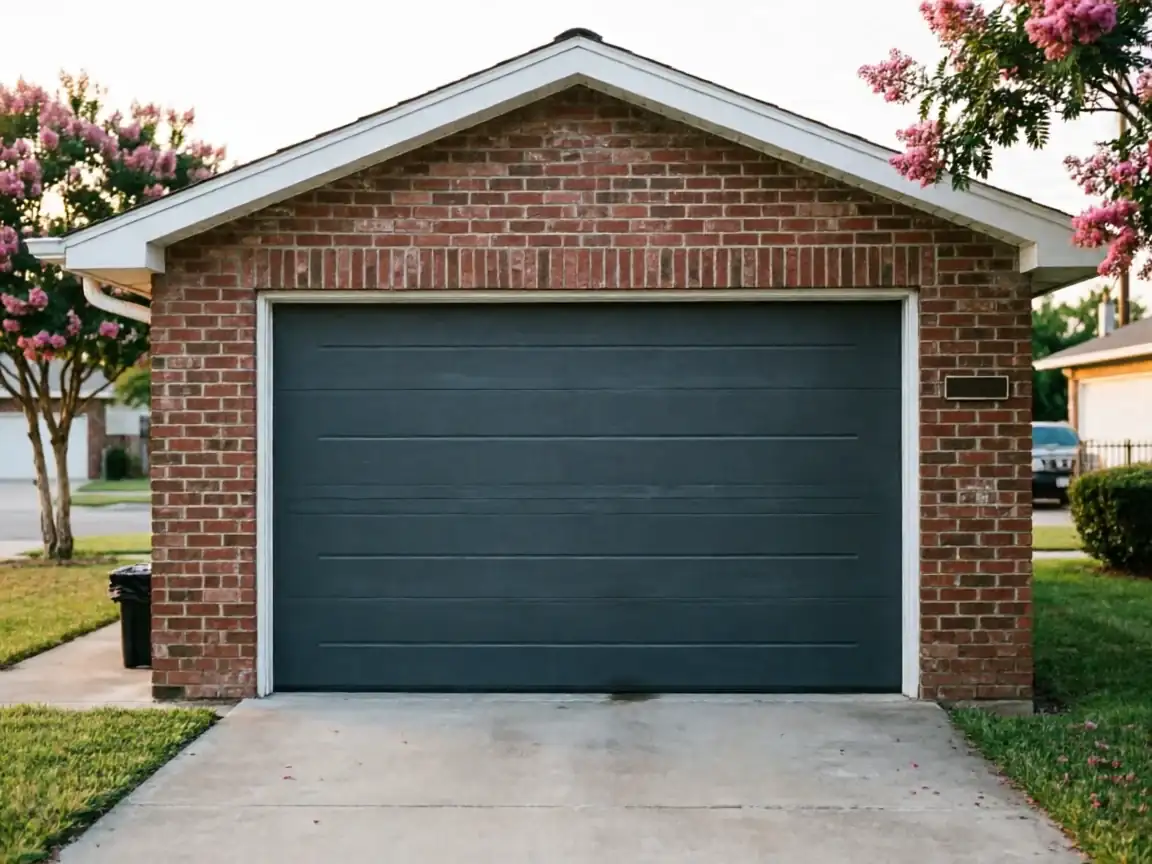 A dark gray garage door is centered on a red brick garage.