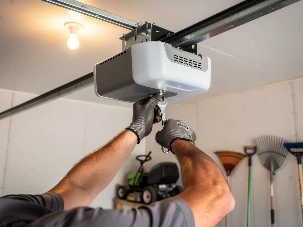 A technician in gray gloves uses a wrench to adjust a garage door opener.
