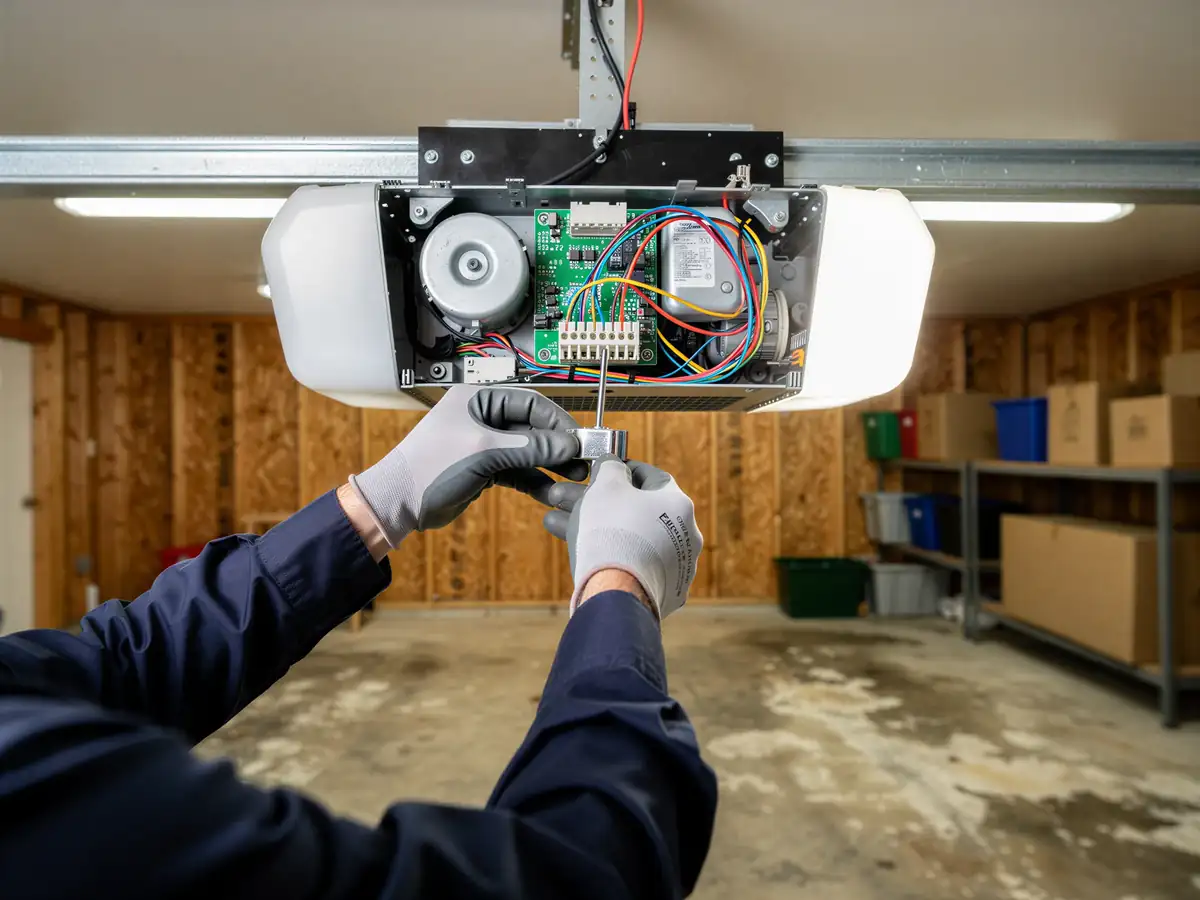 A technician in gloves works on the exposed circuit board of a garage door opener.