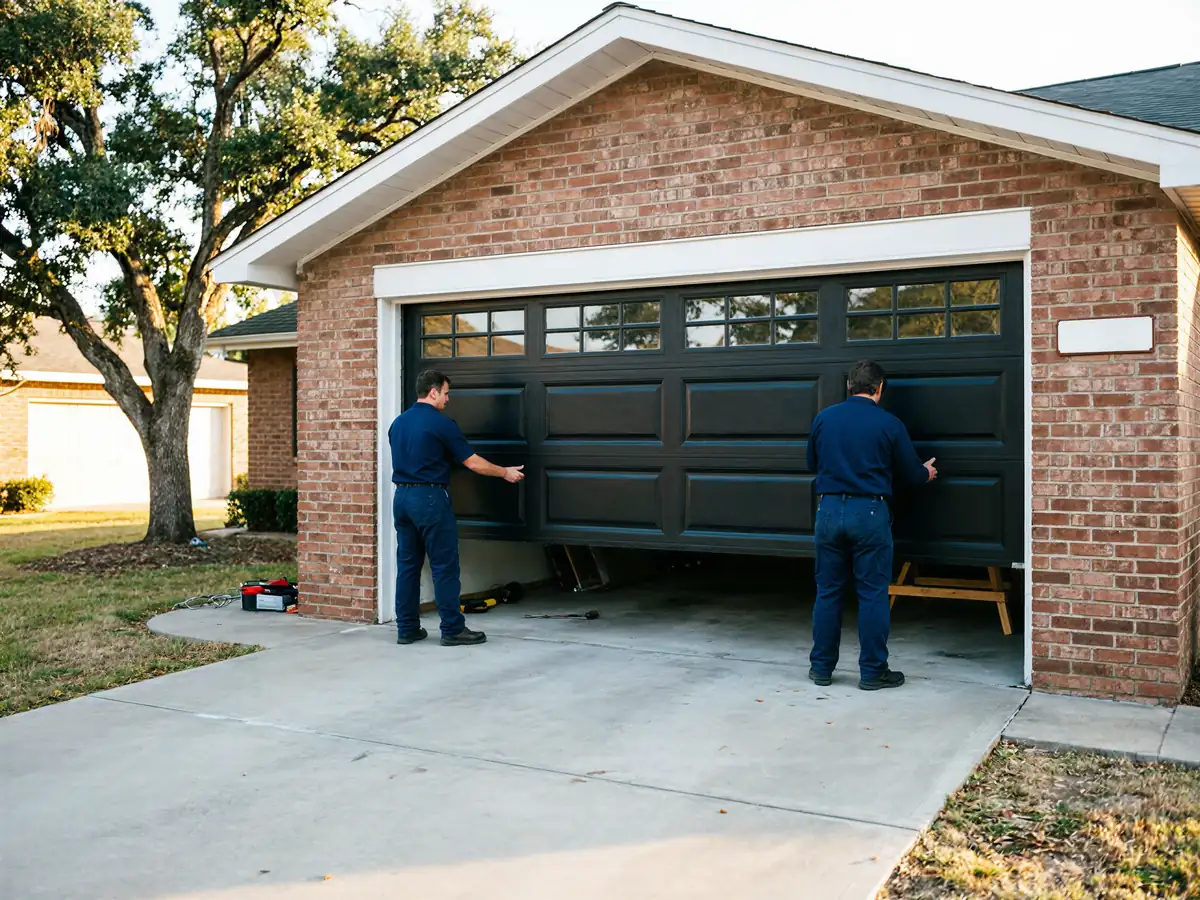 Two technicians install a black garage door on a brick house.